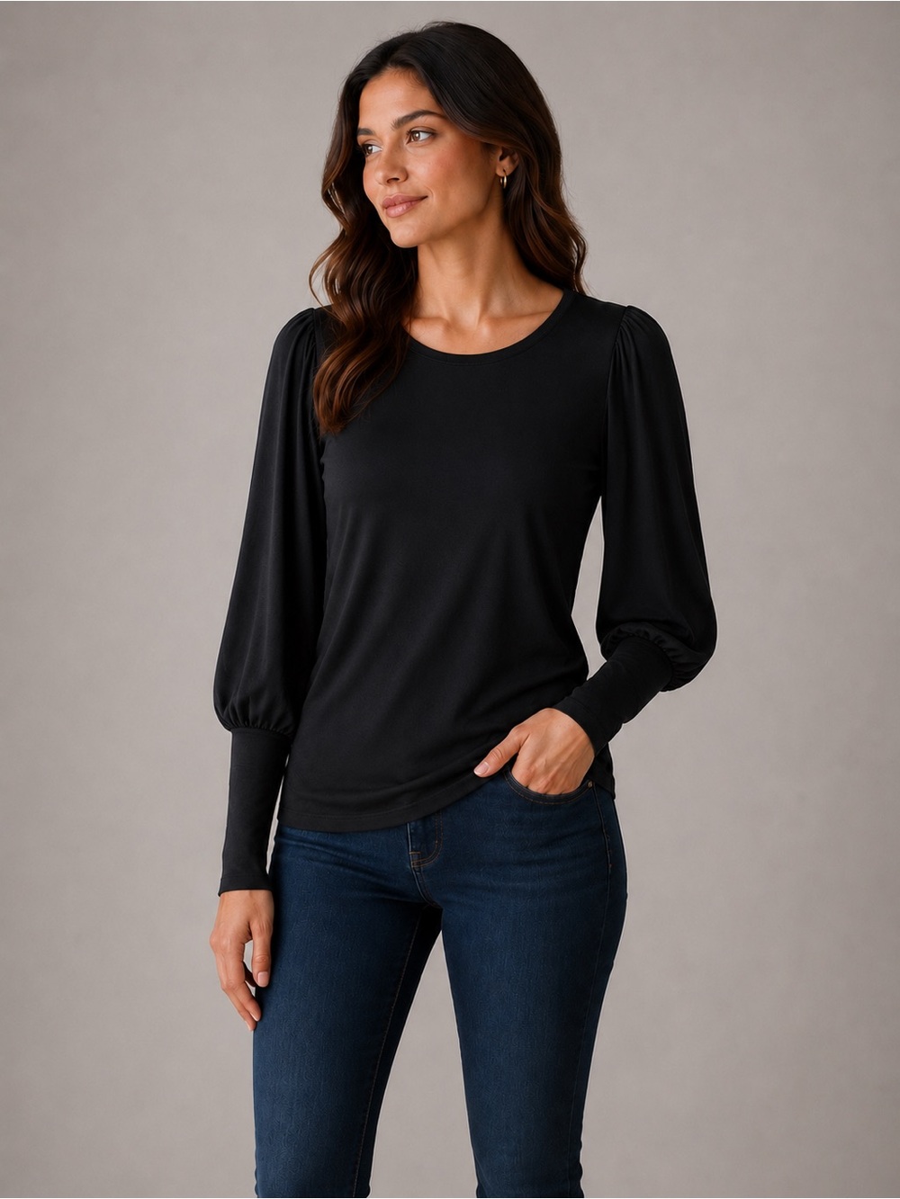LA Made Black Puff Sleeve Long Sleeve Top Large NWOT Made in USA